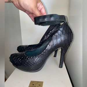 Ultra sexy All Saints black snake skin high heel with ankle strap